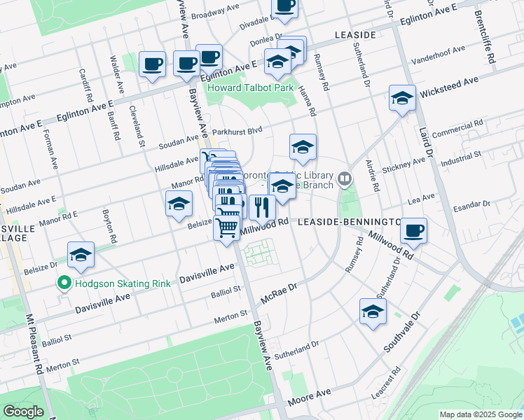 map of restaurants, bars, coffee shops, grocery stores, and more near 16 Macnaughton Road in Toronto