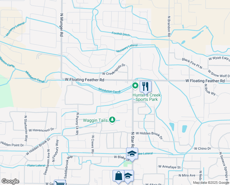 map of restaurants, bars, coffee shops, grocery stores, and more near 11406 West Meadowfalls Drive in Star