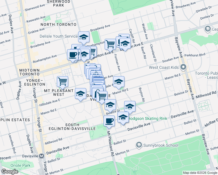 map of restaurants, bars, coffee shops, grocery stores, and more near 361 Hillsdale Avenue East in Toronto
