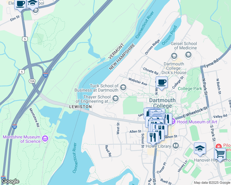 map of restaurants, bars, coffee shops, grocery stores, and more near Tuck Mall in Hanover
