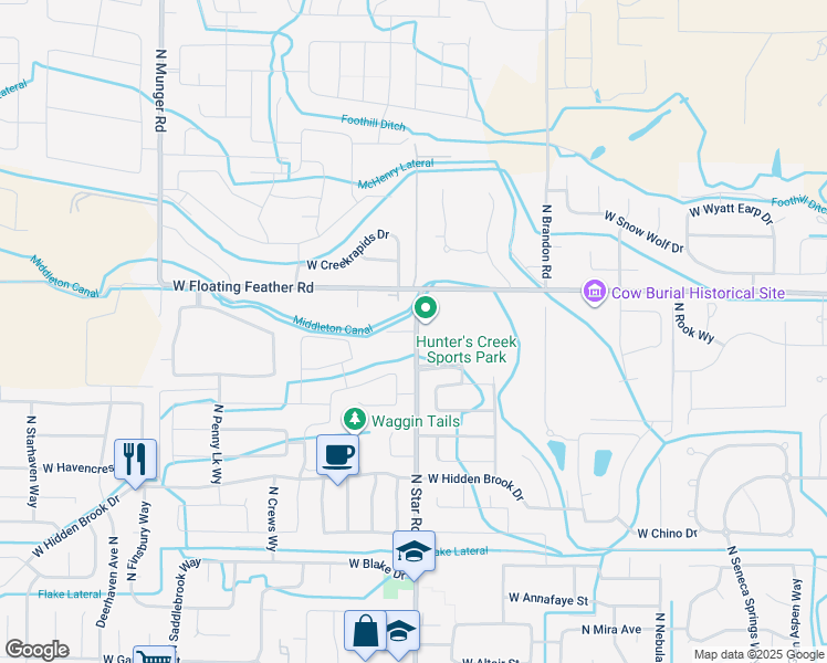map of restaurants, bars, coffee shops, grocery stores, and more near 1499 North Star Road in Star