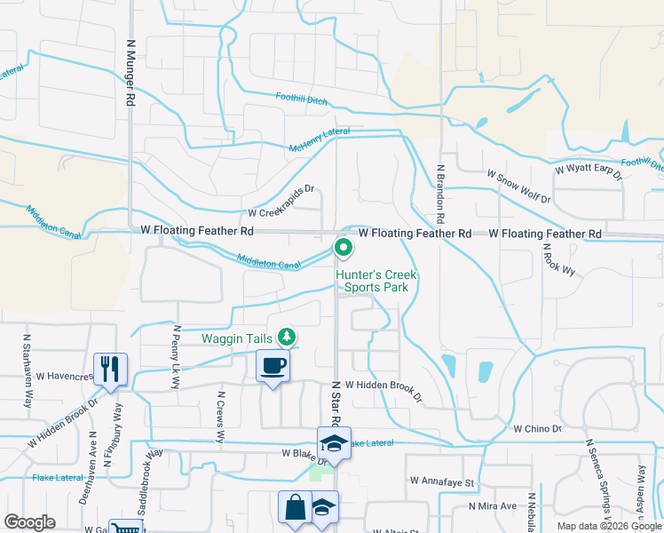 map of restaurants, bars, coffee shops, grocery stores, and more near 1499 North Star Road in Star