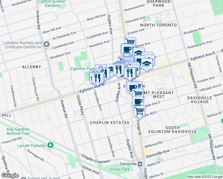 map of restaurants, bars, coffee shops, grocery stores, and more near in Toronto