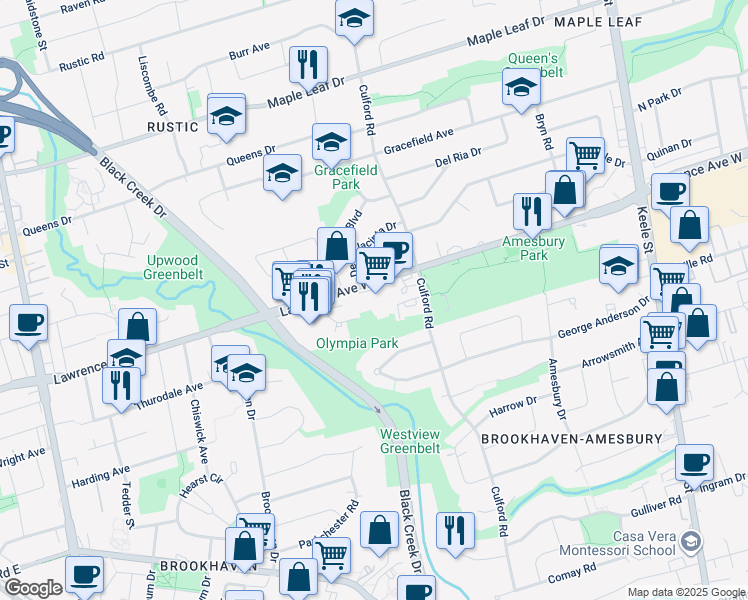 map of restaurants, bars, coffee shops, grocery stores, and more near in Toronto
