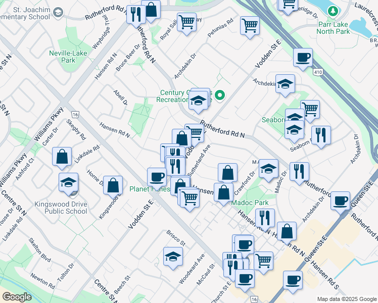 map of restaurants, bars, coffee shops, grocery stores, and more near Vodden Street East in Brampton