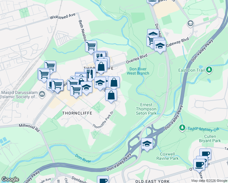 map of restaurants, bars, coffee shops, grocery stores, and more near 75 Thorncliffe Park Drive in Toronto