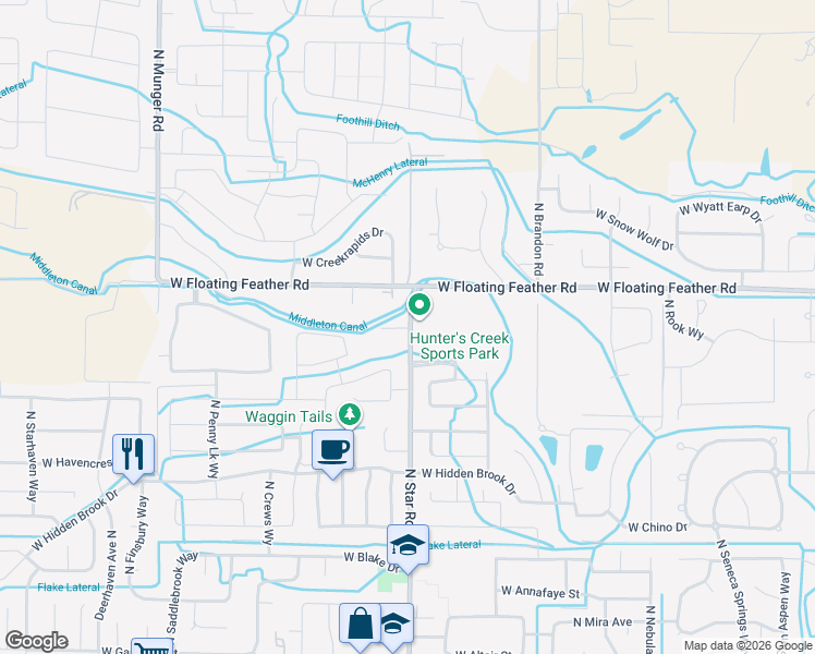 map of restaurants, bars, coffee shops, grocery stores, and more near 1499 North Star Road in Star