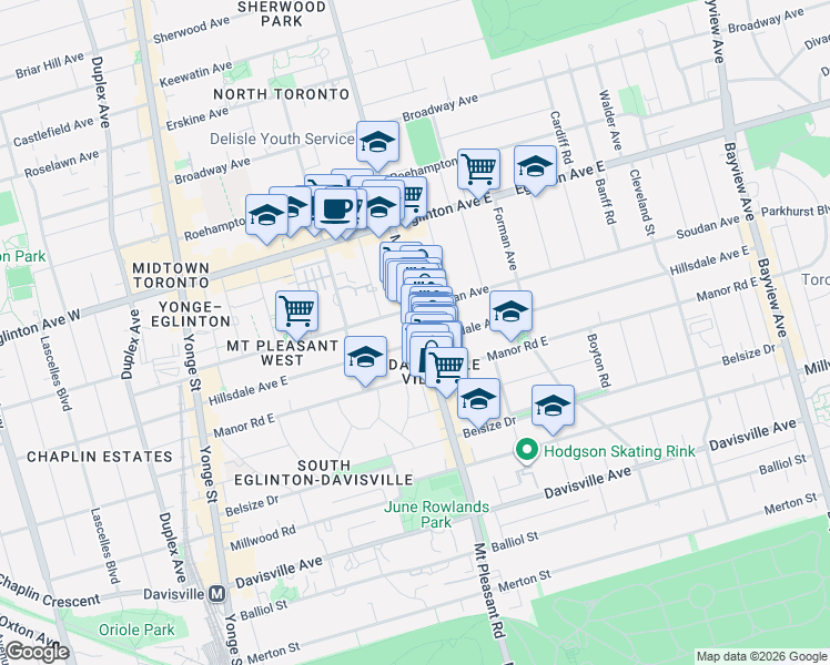 map of restaurants, bars, coffee shops, grocery stores, and more near 670 Mount Pleasant Road in Toronto