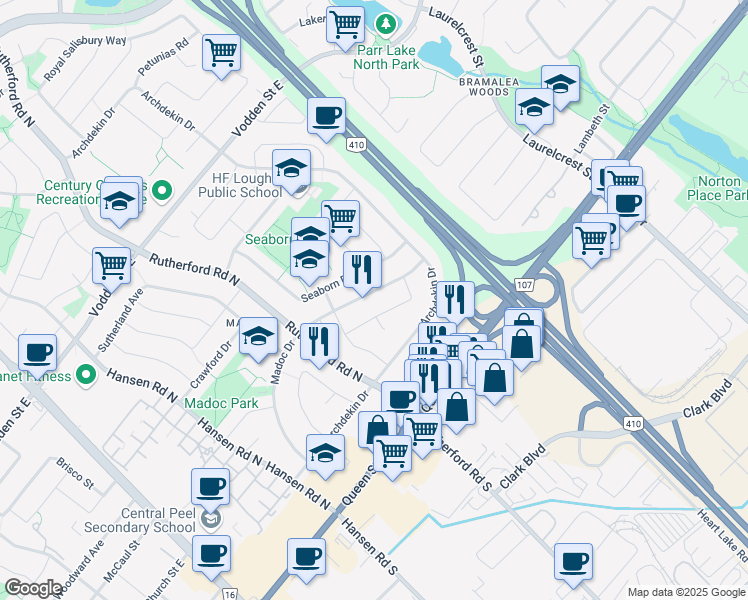 map of restaurants, bars, coffee shops, grocery stores, and more near 114 Madoc Drive in Brampton