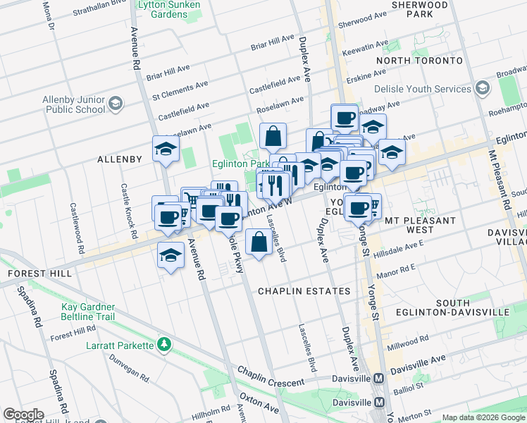 map of restaurants, bars, coffee shops, grocery stores, and more near 170 Lascelles Boulevard in Toronto