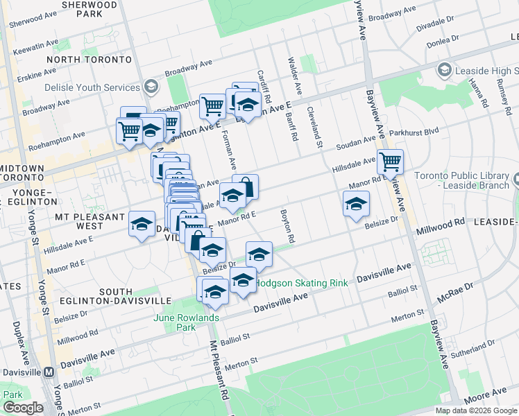 map of restaurants, bars, coffee shops, grocery stores, and more near 280 Manor Road East in Toronto