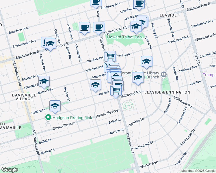 map of restaurants, bars, coffee shops, grocery stores, and more near 17 Gresham Road in Toronto