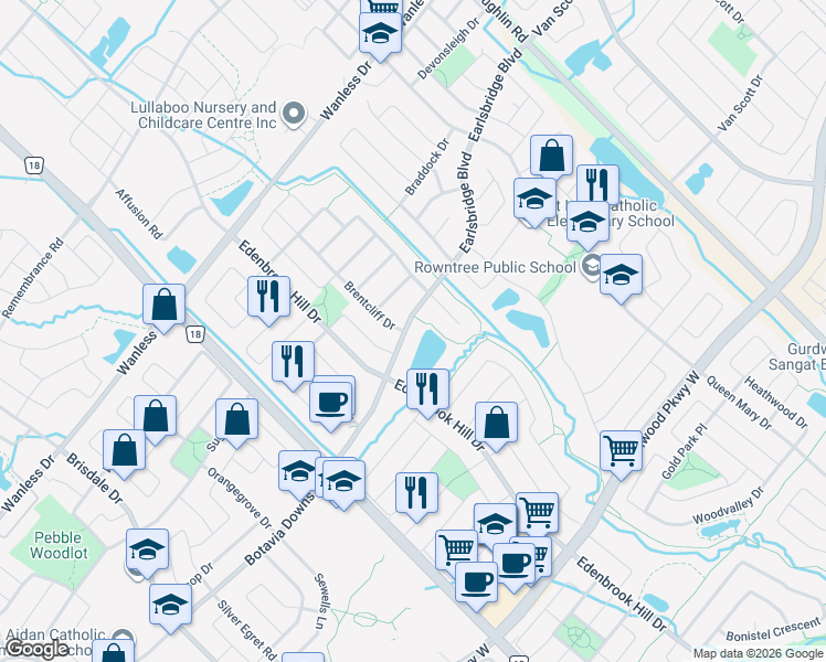 map of restaurants, bars, coffee shops, grocery stores, and more near 83 Earlsbridge Boulevard in Brampton