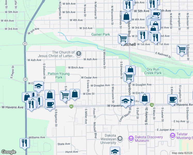 map of restaurants, bars, coffee shops, grocery stores, and more near 800 West Cedar Avenue in Mitchell