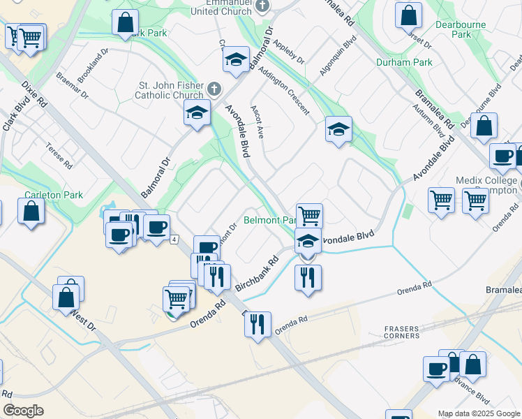 map of restaurants, bars, coffee shops, grocery stores, and more near 73 Belmont Drive in Brampton