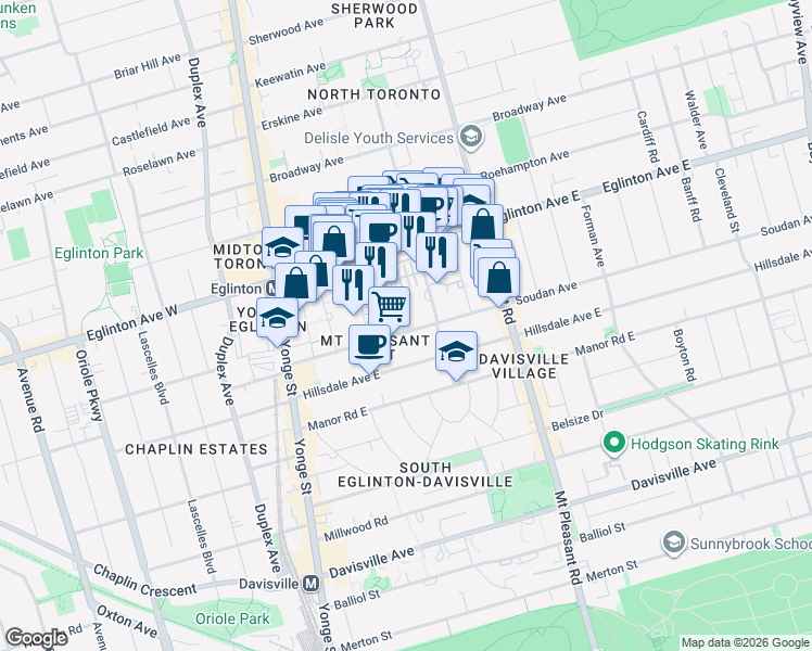 map of restaurants, bars, coffee shops, grocery stores, and more near 11 Lillian Street in Toronto
