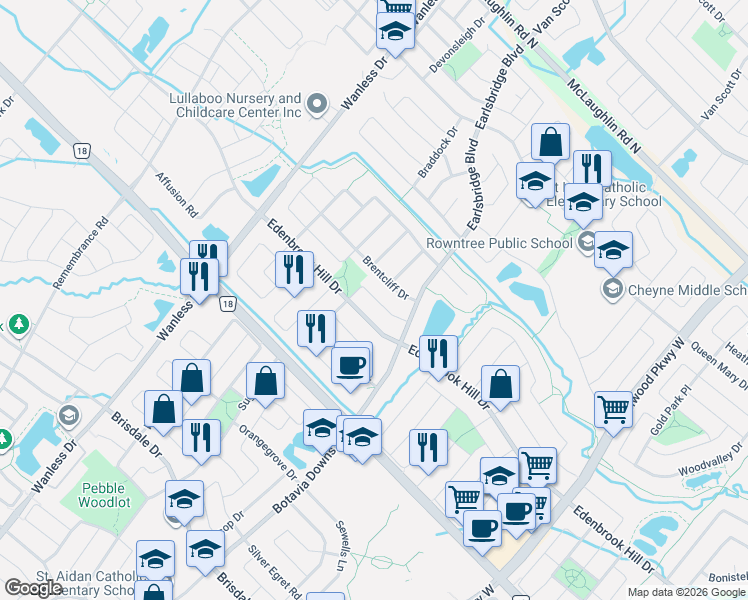 map of restaurants, bars, coffee shops, grocery stores, and more near 20 Edenvalley Road in Brampton
