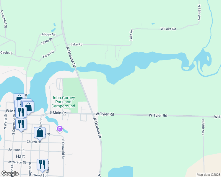 map of restaurants, bars, coffee shops, grocery stores, and more near 2790 West Tyler Road in Hart