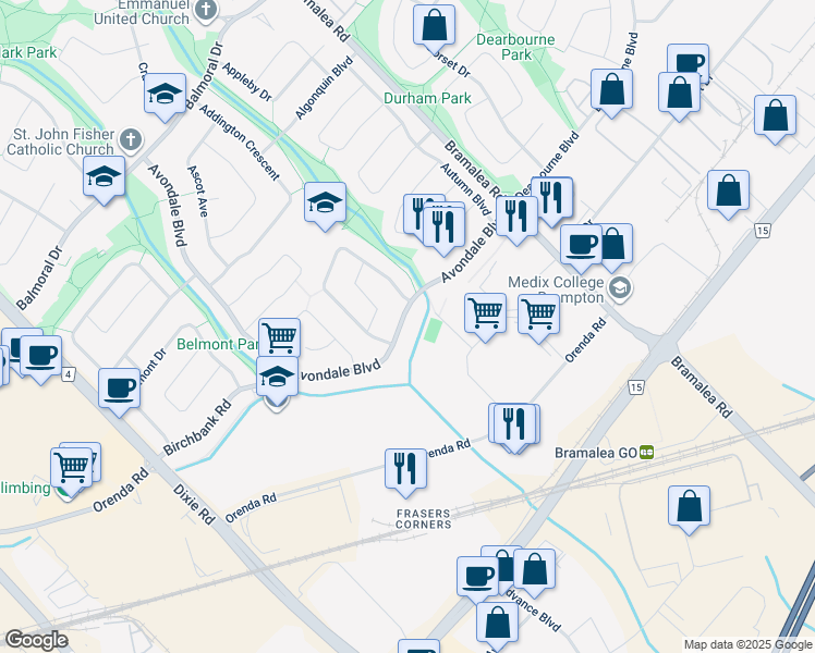 map of restaurants, bars, coffee shops, grocery stores, and more near 73 Avondale Boulevard in Brampton