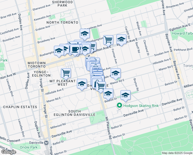 map of restaurants, bars, coffee shops, grocery stores, and more near in Toronto