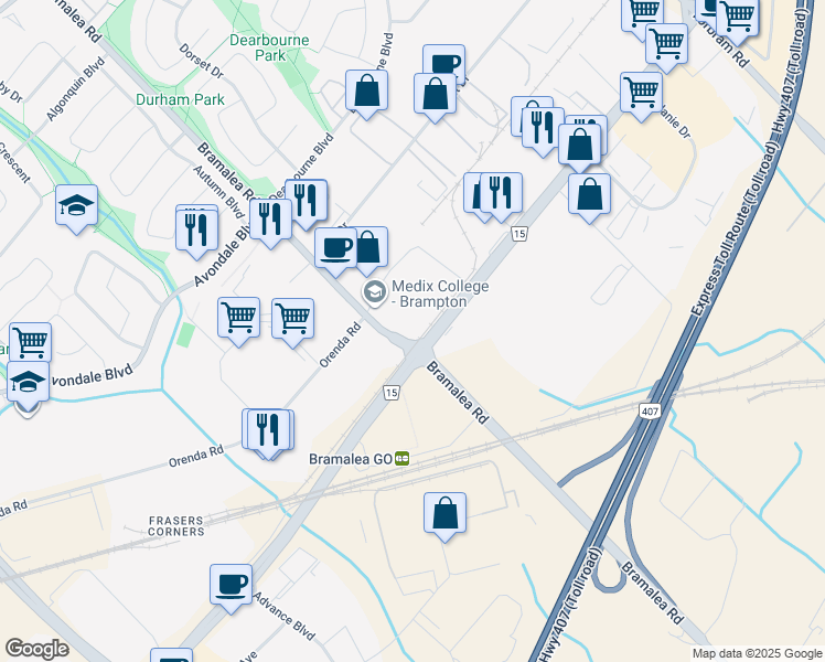map of restaurants, bars, coffee shops, grocery stores, and more near 11 Bramalea Road in Brampton