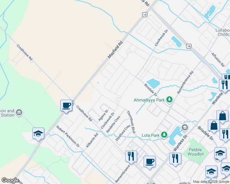 map of restaurants, bars, coffee shops, grocery stores, and more near 85 Donald Stewart Road in Brampton