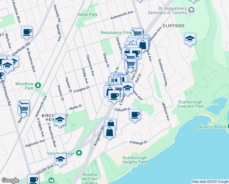 map of restaurants, bars, coffee shops, grocery stores, and more near 2294 Kingston Road in Toronto