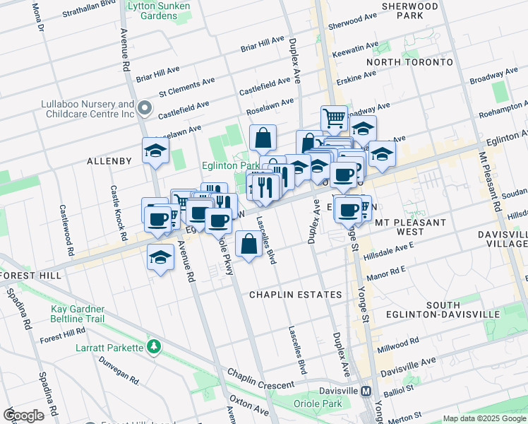 map of restaurants, bars, coffee shops, grocery stores, and more near in Toronto