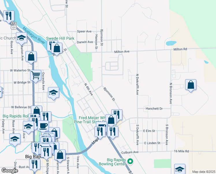 map of restaurants, bars, coffee shops, grocery stores, and more near 406 Bjornson Street in Big Rapids
