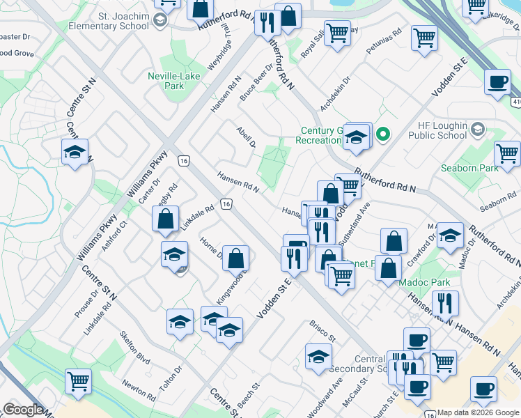 map of restaurants, bars, coffee shops, grocery stores, and more near 68 Greene Drive in Brampton