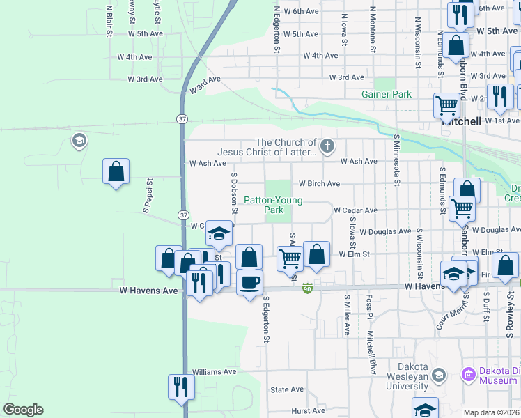 map of restaurants, bars, coffee shops, grocery stores, and more near 1301 Palmer Place in Mitchell