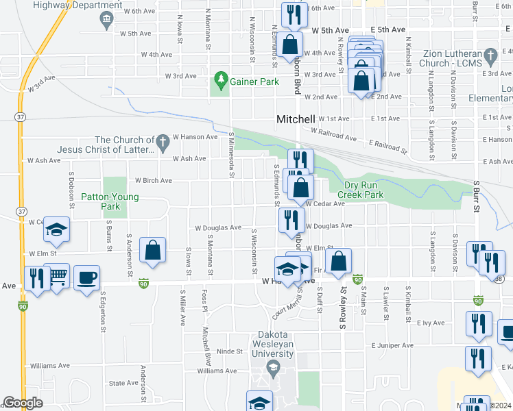 map of restaurants, bars, coffee shops, grocery stores, and more near 500 South Wisconsin Street in Mitchell