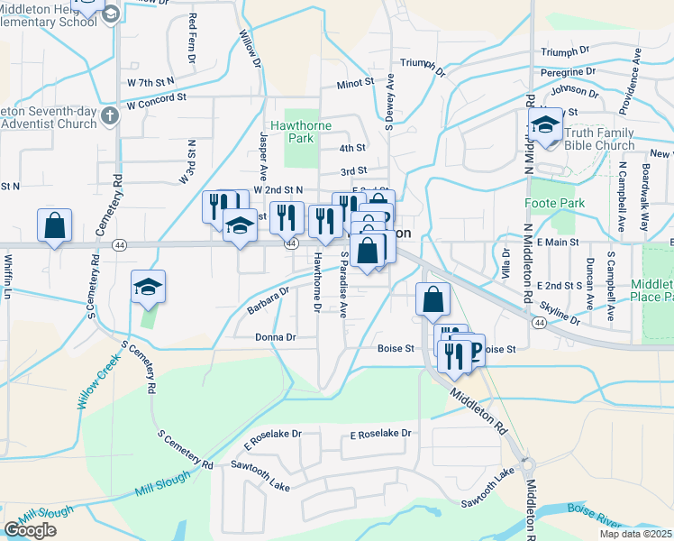 map of restaurants, bars, coffee shops, grocery stores, and more near 100 East 1st Street in Middleton