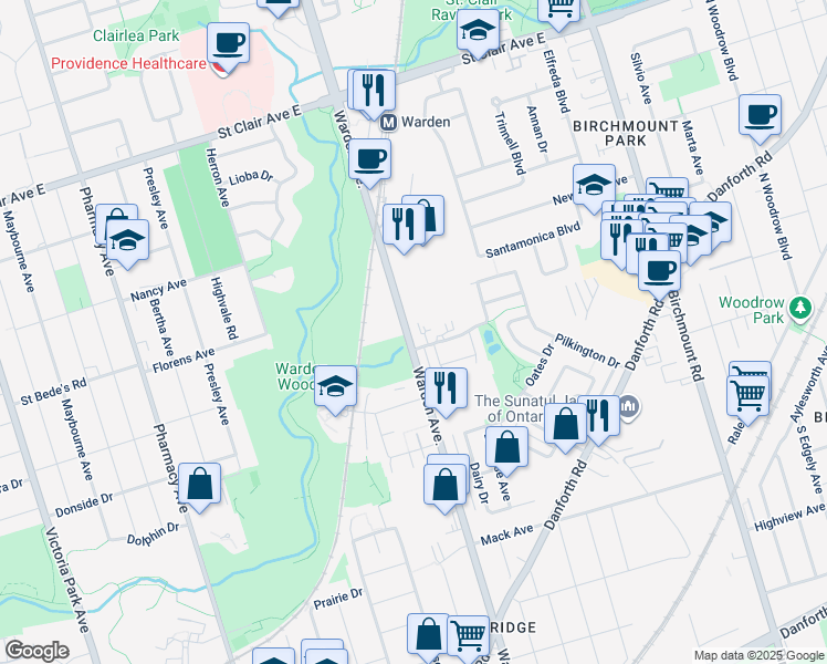 map of restaurants, bars, coffee shops, grocery stores, and more near 673 Warden Avenue in Toronto