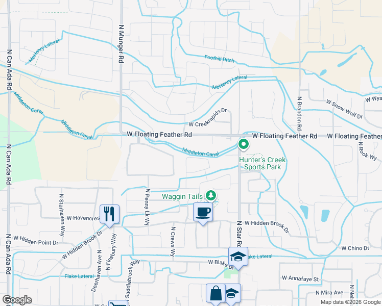 map of restaurants, bars, coffee shops, grocery stores, and more near 11550 West Meadowfalls Drive in Star