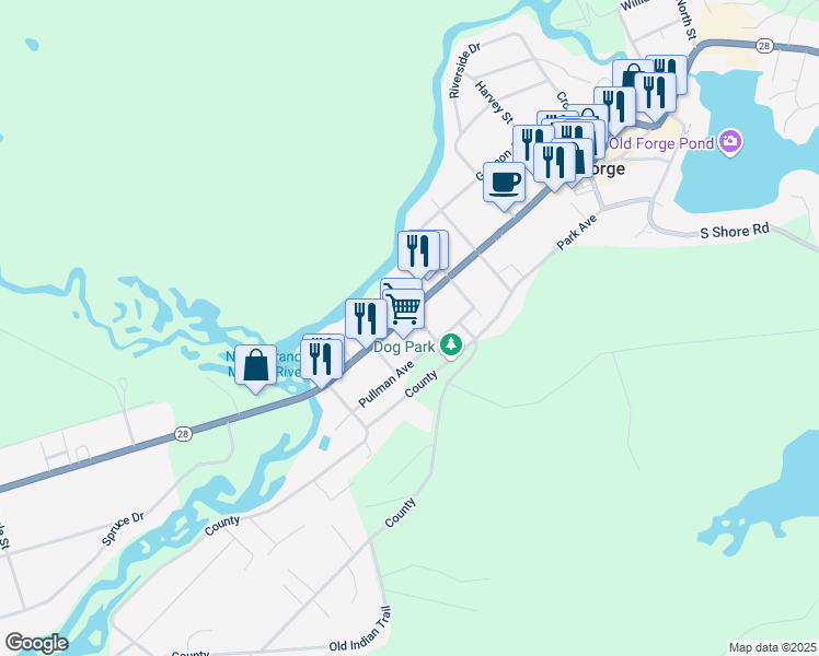 map of restaurants, bars, coffee shops, grocery stores, and more near 2942 Highway 28 in Old Forge