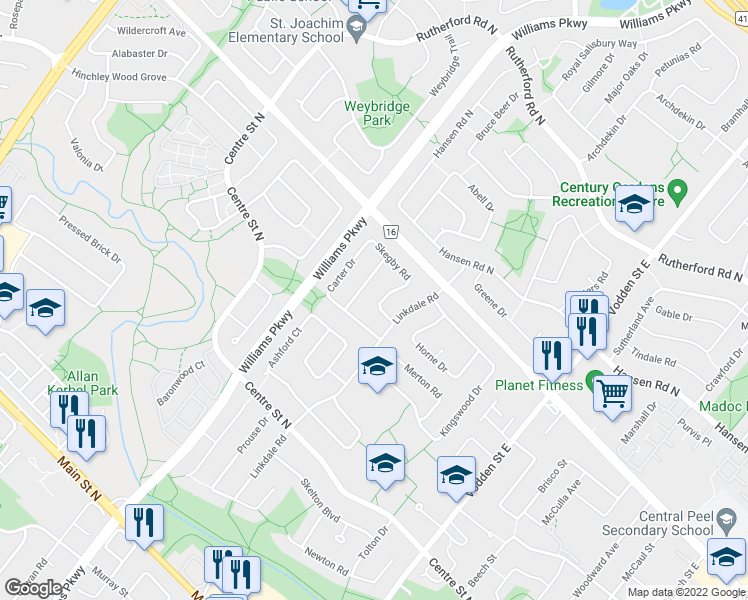 map of restaurants, bars, coffee shops, grocery stores, and more near 17 Skegby Road in Brampton