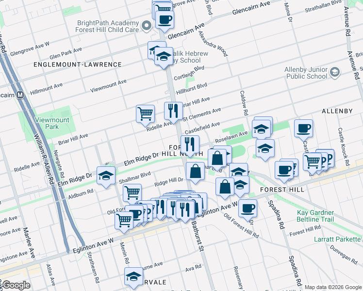 map of restaurants, bars, coffee shops, grocery stores, and more near 2500 Bathurst Street in Toronto