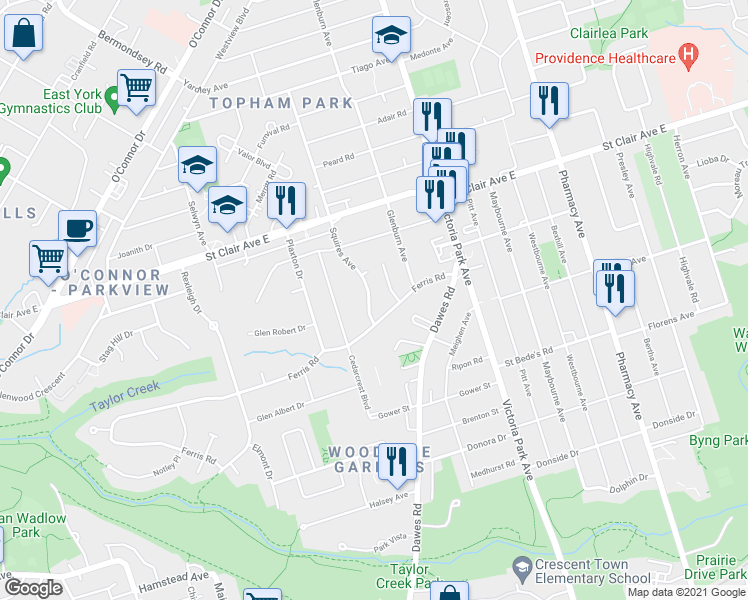 map of restaurants, bars, coffee shops, grocery stores, and more near 9 Squires Avenue in Toronto