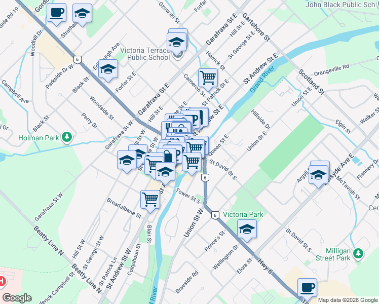 map of restaurants, bars, coffee shops, grocery stores, and more near 112 Saint Andrew Street West in Fergus