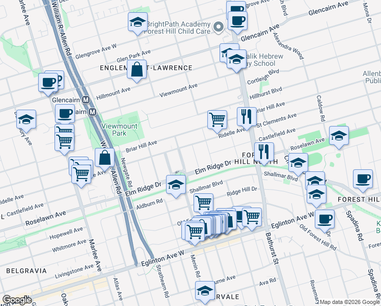 map of restaurants, bars, coffee shops, grocery stores, and more near 12 Burmont Road in Toronto