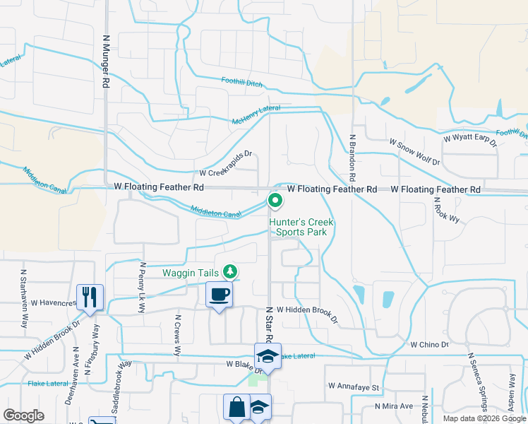 map of restaurants, bars, coffee shops, grocery stores, and more near 1499 North Star Road in Star