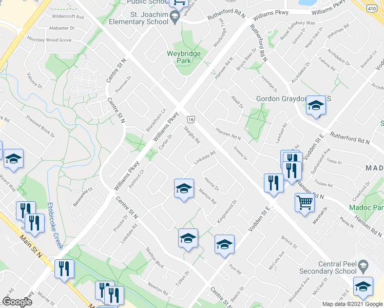 map of restaurants, bars, coffee shops, grocery stores, and more near 12 Skegby Road in Brampton
