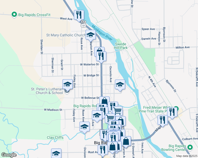 map of restaurants, bars, coffee shops, grocery stores, and more near 621 North State Street in Big Rapids