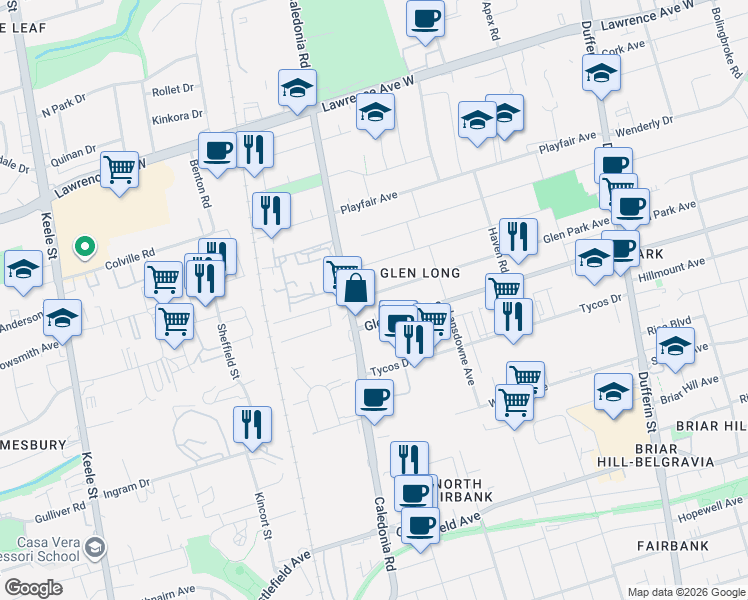 map of restaurants, bars, coffee shops, grocery stores, and more near 589 Glen Park Avenue in Toronto