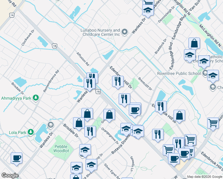 map of restaurants, bars, coffee shops, grocery stores, and more near 36 Earl Grey Crescent in Brampton