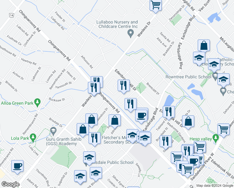 map of restaurants, bars, coffee shops, grocery stores, and more near 36 Earl Grey Crescent in Brampton