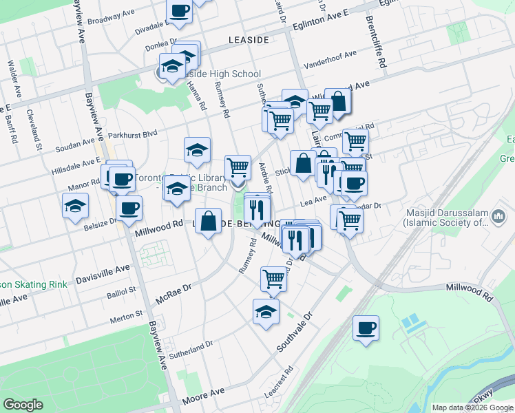 map of restaurants, bars, coffee shops, grocery stores, and more near 105 Rumsey Road in Toronto