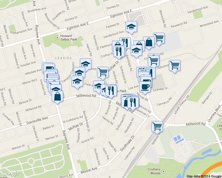 map of restaurants, bars, coffee shops, grocery stores, and more near 105 Rumsey Road in Toronto