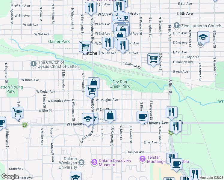 map of restaurants, bars, coffee shops, grocery stores, and more near 201 West Cedar Avenue in Mitchell